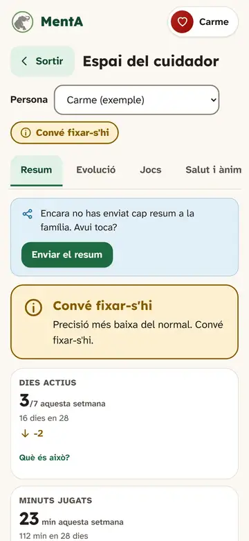 Espai del cuidador al mòbil amb el resum d'una persona d'exemple