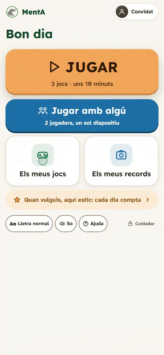 Pantalla d'inici de l'app MentA amb el botó JUGAR, «Jugar amb algú» i els accessos a «Els meus jocs» i «Els meus records»