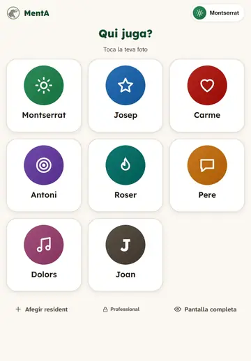 Selector de residents a la tauleta: una icona i un nom per a cada resident d'exemple